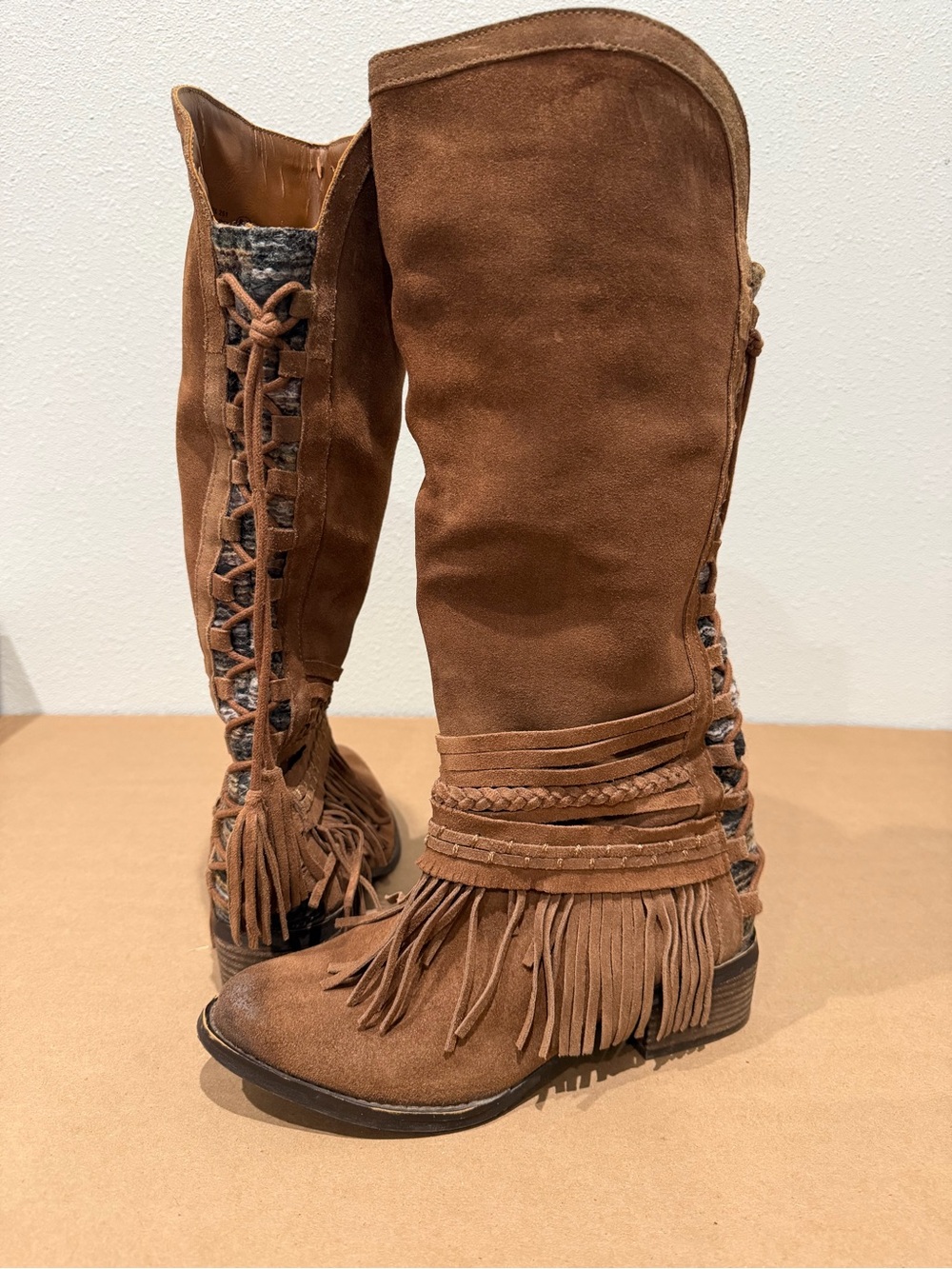Naughty Monkey Zarape Brown Suede Fringe Tall Boots Boho Western Knee High